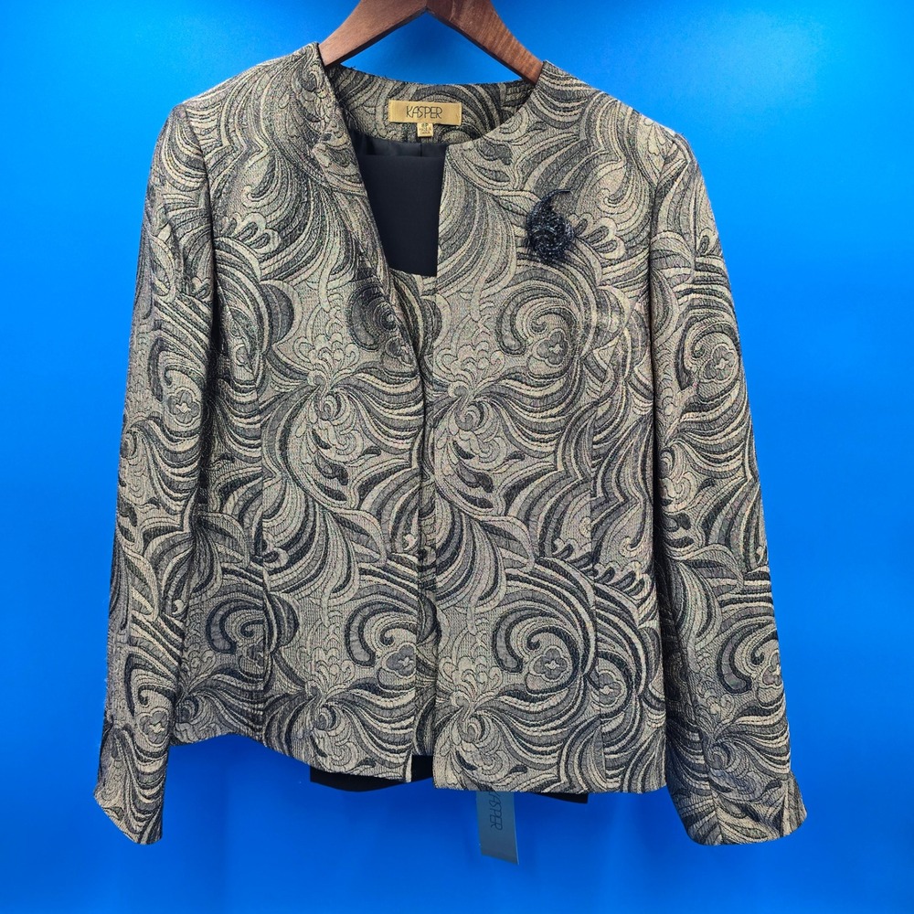 Kasper Womens 3-Piece Pant Suit Gold Black Jacquard Jacket Shell‎ Pants 8P NWT